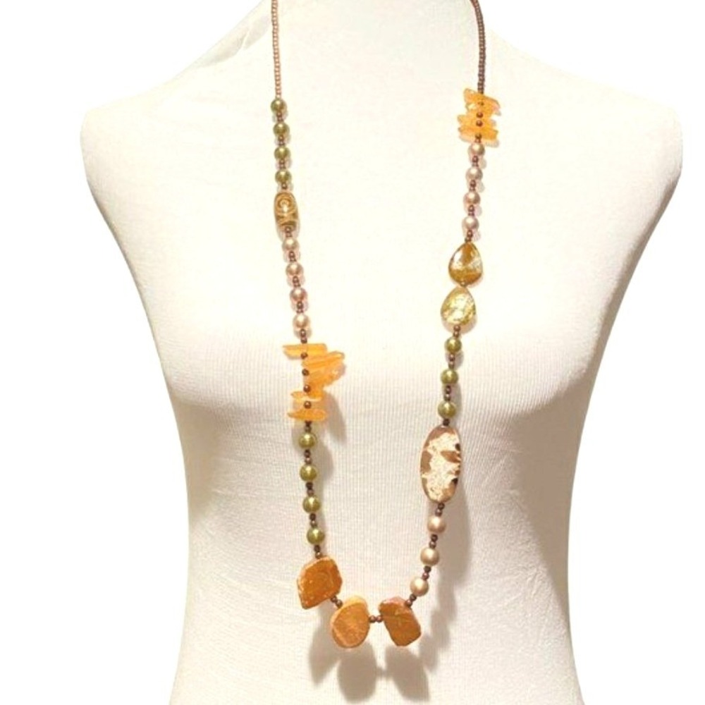Treska Beaded Statement Necklace Gold Green Handmade Earthy Forest Collection - Picture 2 of 11